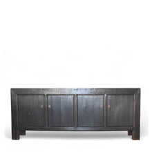 Load image into Gallery viewer, Antique four-door black elm sideboard from Shanxi, China, circa 1930s, with matte finish and minimalist design.