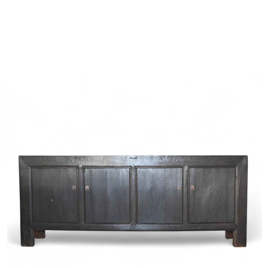 Antique four-door black elm sideboard from Shanxi, China, circa 1930s, with matte finish and minimalist design.