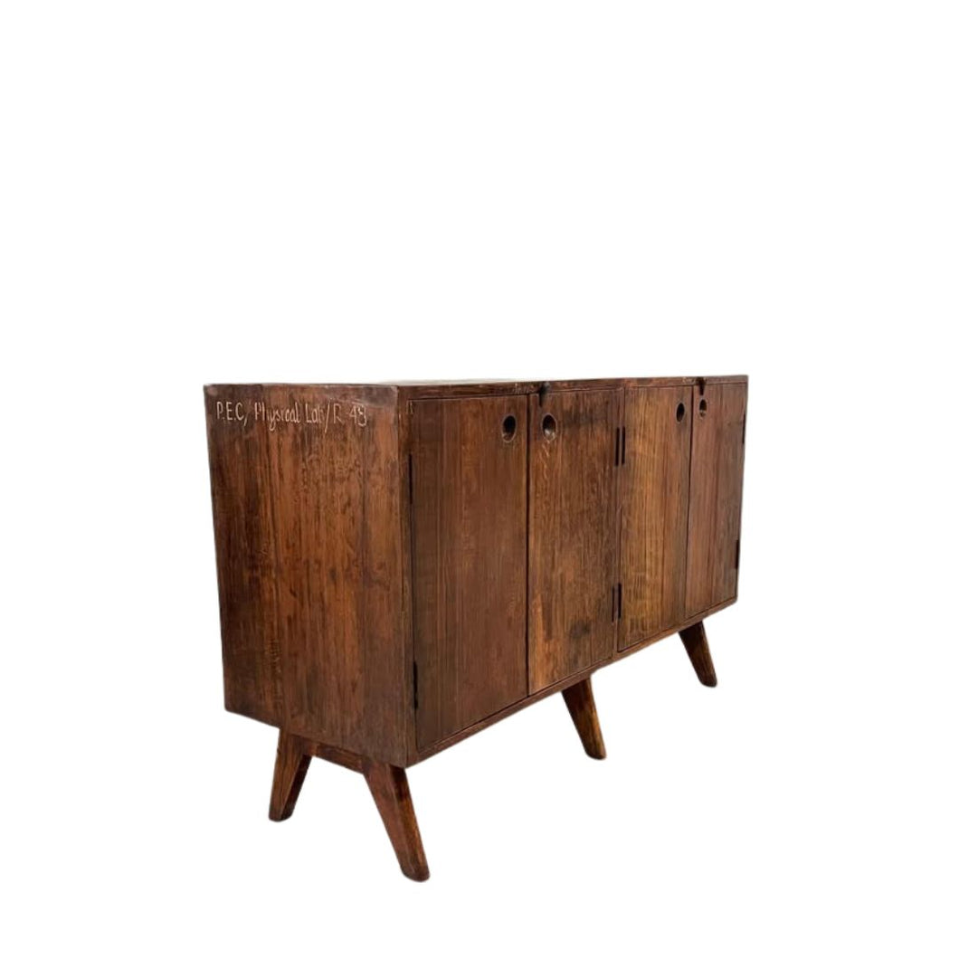 PIERRE JEANNERET Wooden sideboard with a vintage design on a white background