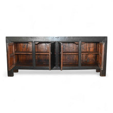 Load image into Gallery viewer, Interior view of antique Chinese sideboard, handcrafted in elm wood with four-door storage compartments.